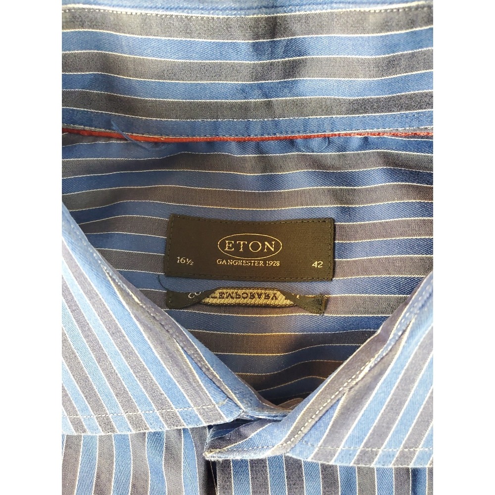 Eton Contemporary Shirt Mens 16.5 42 Blue Striped Button Up Long Sleeve Cotton - Picture 6 of 14